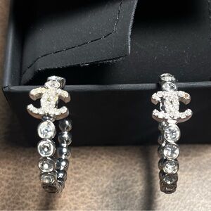 Chanel Silver Crystal Hoop Earrings